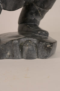 Large Inuit Steatite Soapstone Man with Hiding Seal Sculpture  Peter Juanista