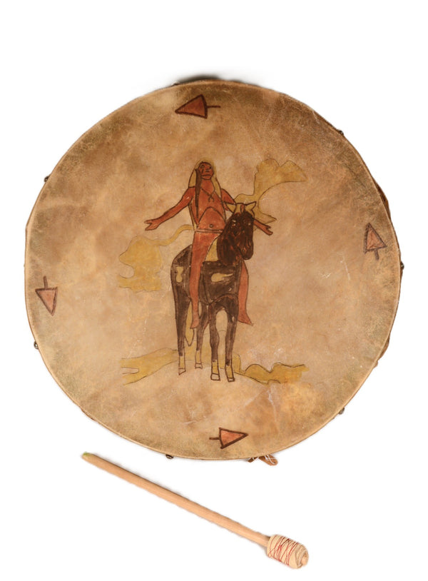 Plains Painted Drum Indian on Horseback with Drum Stick