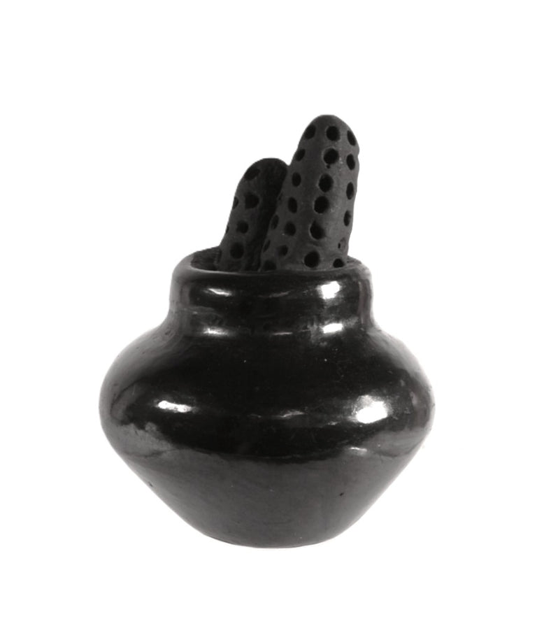 Santa Clara Pueblo Small Pot with Corn Black Pottery By Dorothy and Paul