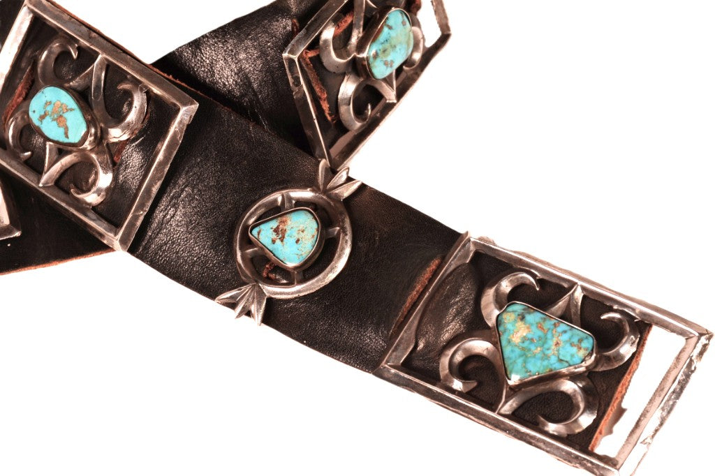Navajo Sandcast Sterling Silver and Turquoise Concho Belt