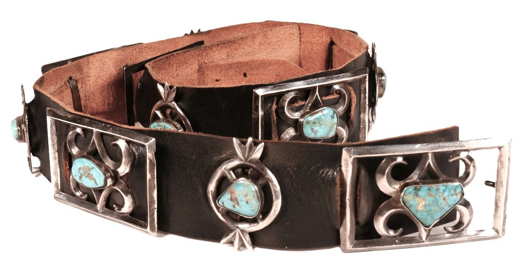 Navajo Sandcast Sterling Silver and Turquoise Concho Belt