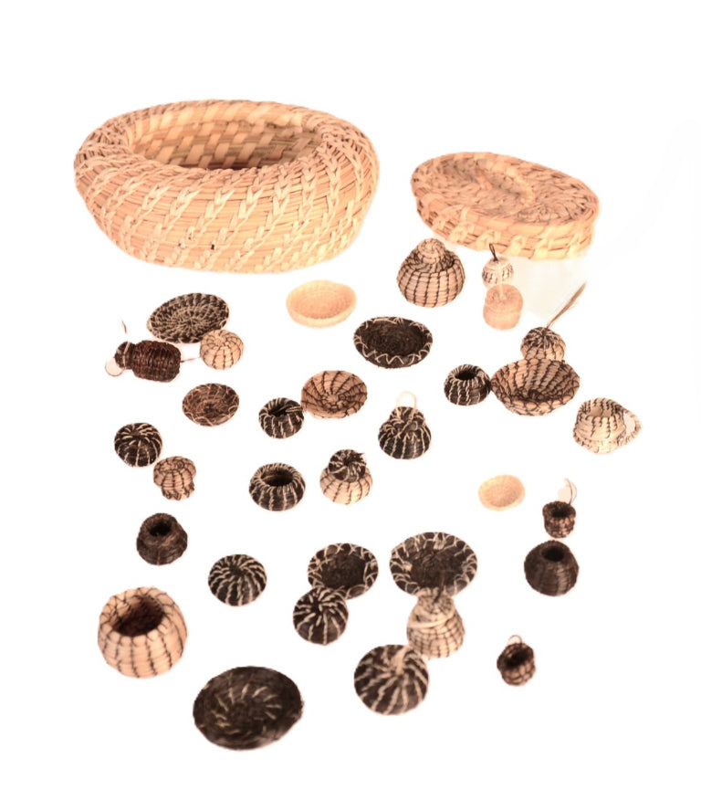 Papago Oval Lidded Basket filled with 33 Miniature Pima Baskets - Sold as a Set