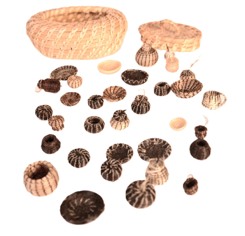 Papago Oval Lidded Basket filled with 33 Miniature Pima Baskets - Sold as a Set