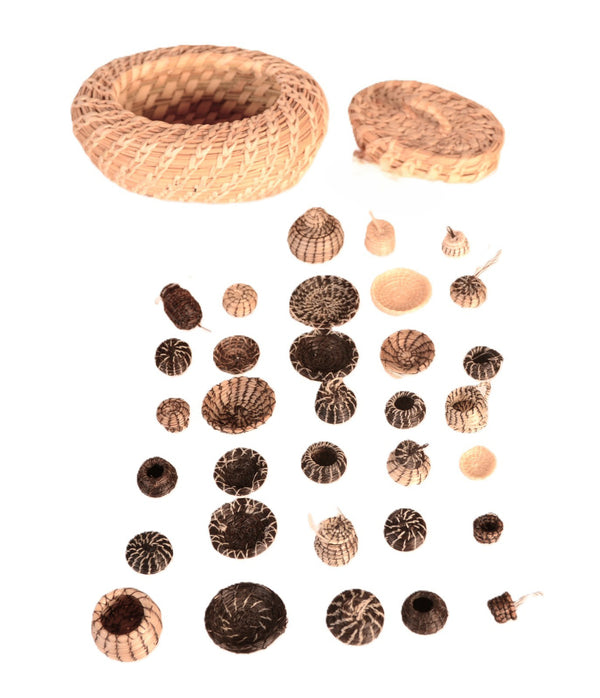 Papago Oval Lidded Basket filled with 33 Miniature Pima Baskets - Sold as a Set