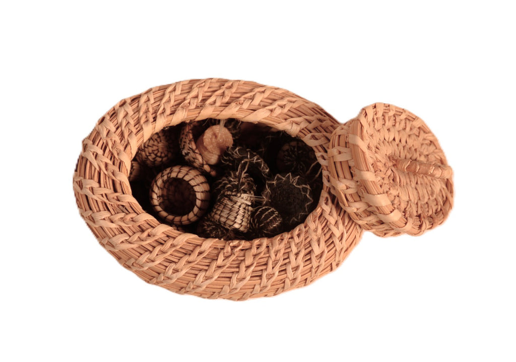 Papago Oval Lidded Basket filled with 33 Miniature Pima Baskets - Sold as a Set