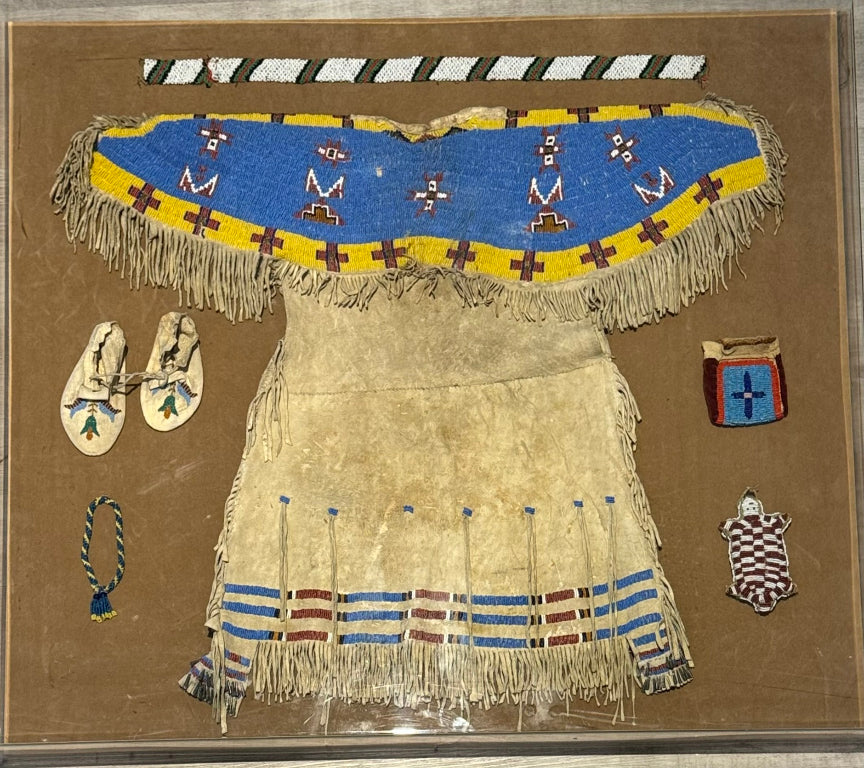 Antique Beaded Hide Sioux Girls Dress in Frame with other small beaded items