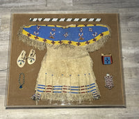 Antique Beaded Hide Sioux Girls Dress in Frame with other small beaded items