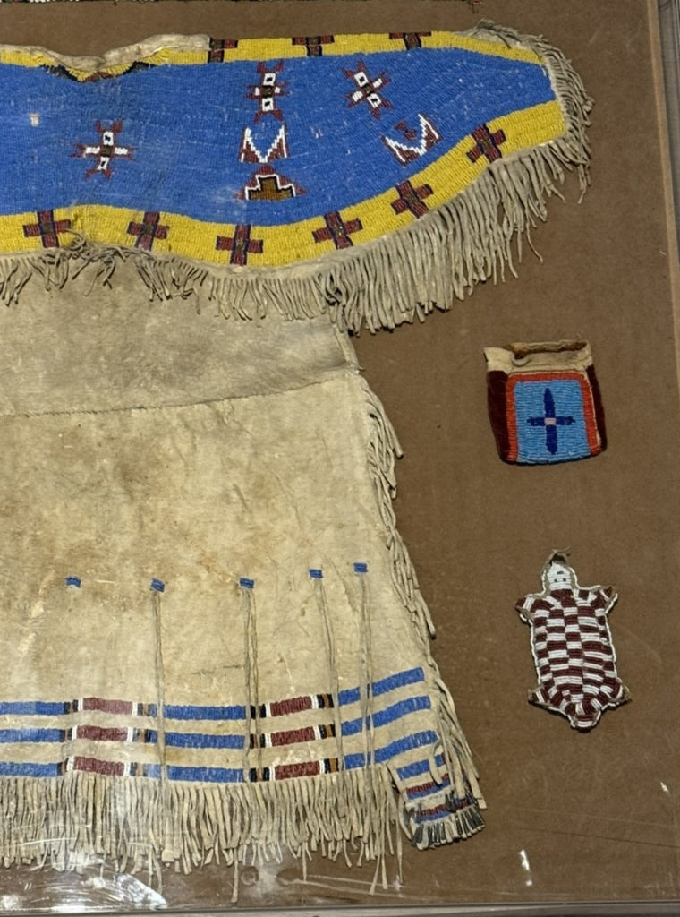 Antique Beaded Hide Sioux Girls Dress in Frame with other small beaded items