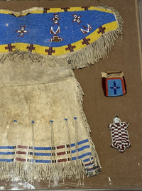 Antique Beaded Hide Sioux Girls Dress in Frame with other small beaded items