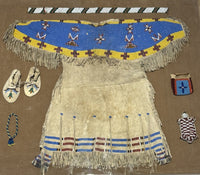 Antique Beaded Hide Sioux Girls Dress in Frame with other small beaded items