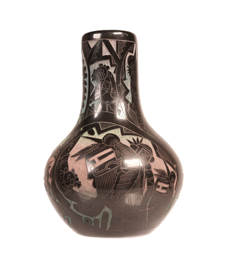 Santa Clara Pueblo Carved Multi-Colored Black Vase By Dalawepi