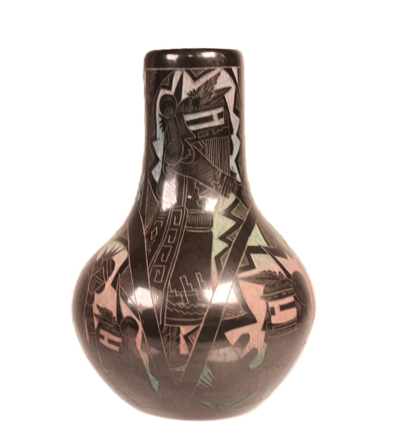 Santa Clara Pueblo Carved Multi-Colored Black Vase By Dalawepi