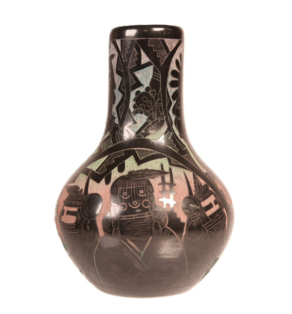 Santa Clara Pueblo Carved Multi-Colored Black Vase By Dalawepi