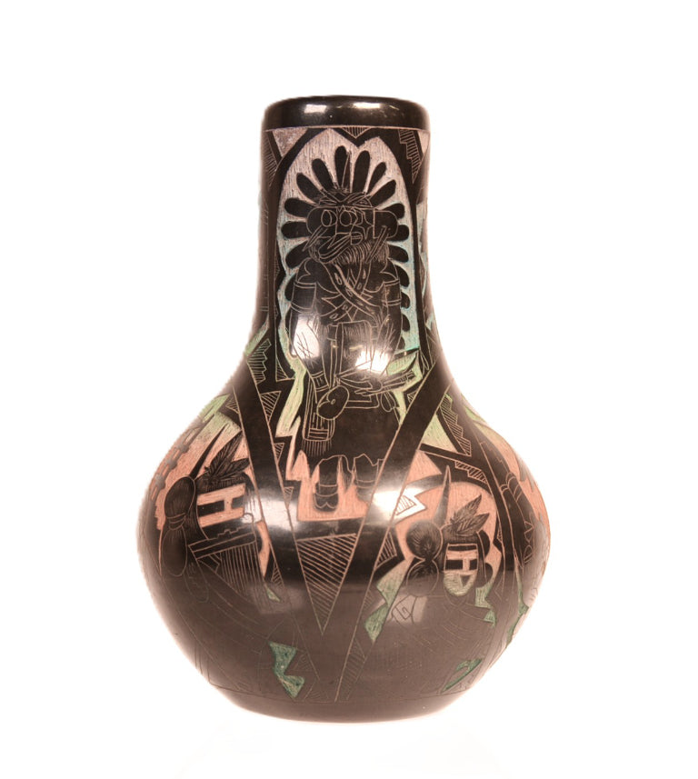 Santa Clara Pueblo Carved Multi-Colored Black Vase By Dalawepi