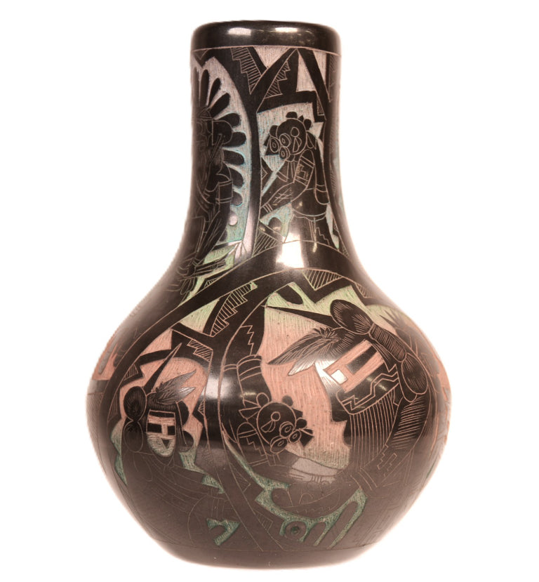 Santa Clara Pueblo Carved Multi-Colored Black Vase By Dalawepi
