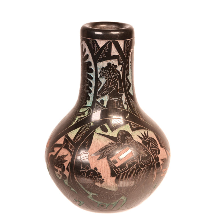 Santa Clara Pueblo Carved Multi-Colored Black Vase By Dalawepi