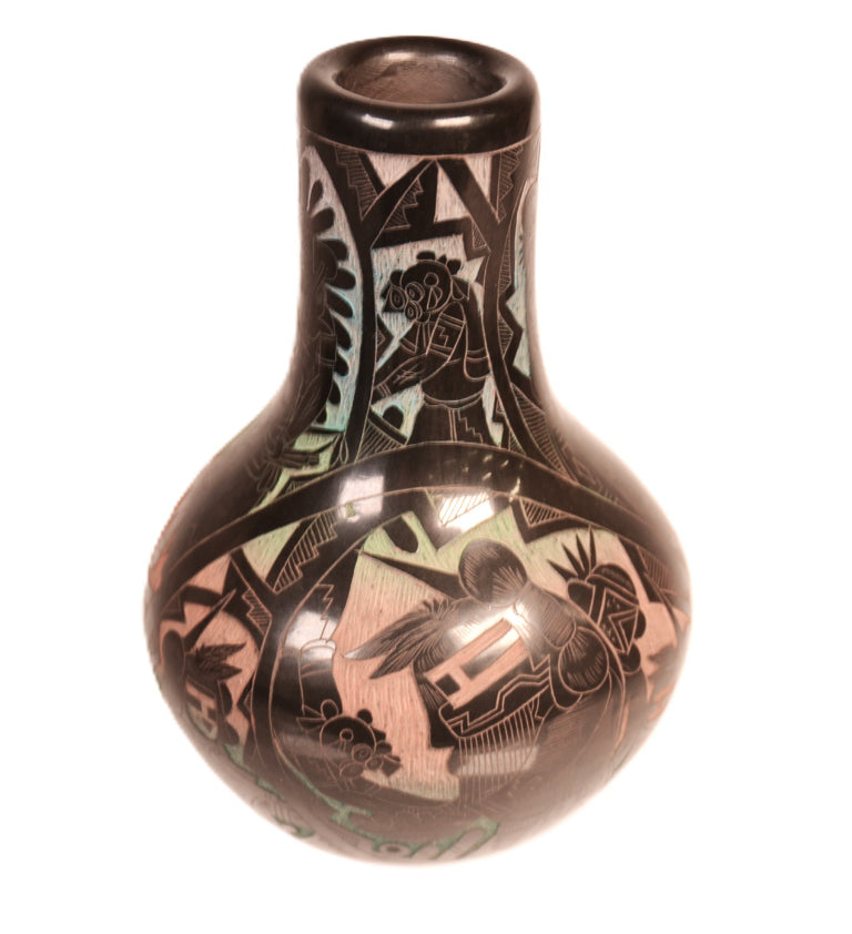 Santa Clara Pueblo Carved Multi-Colored Black Vase By Dalawepi