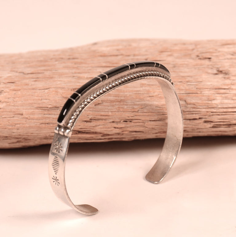 Zuni Pueblo Sterling Silver and Jet Inlay Bracelet