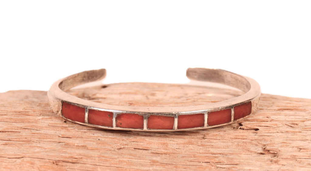 Zuni Pueblo Sterling Silver Channel Coral Bracelet