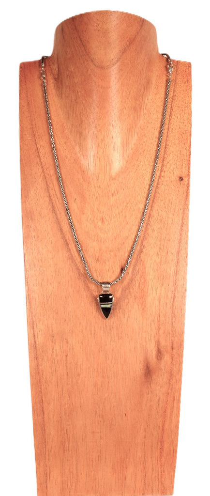 Navajo Onyx and Opal Sterling Silver Pendant Necklace By G. Charley