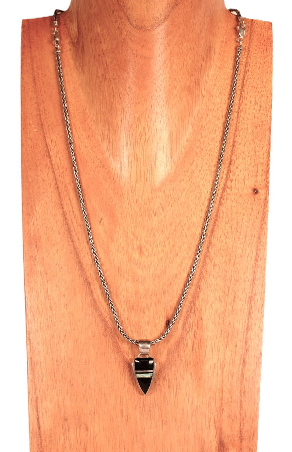 Navajo Onyx and Opal Sterling Silver Pendant Necklace By G. Charley