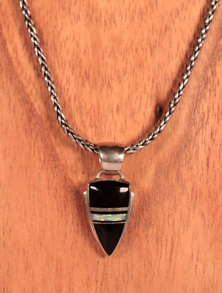 Navajo Onyx and Opal Sterling Silver Pendant Necklace By G. Charley