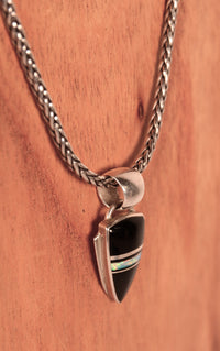 Navajo Onyx and Opal Sterling Silver Pendant Necklace By G. Charley