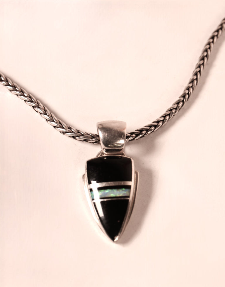 Navajo Onyx and Opal Sterling Silver Pendant Necklace By G. Charley