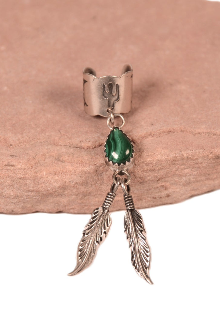 Navajo Malachite Sterling Silver 2 Feathers Ear Cuff
