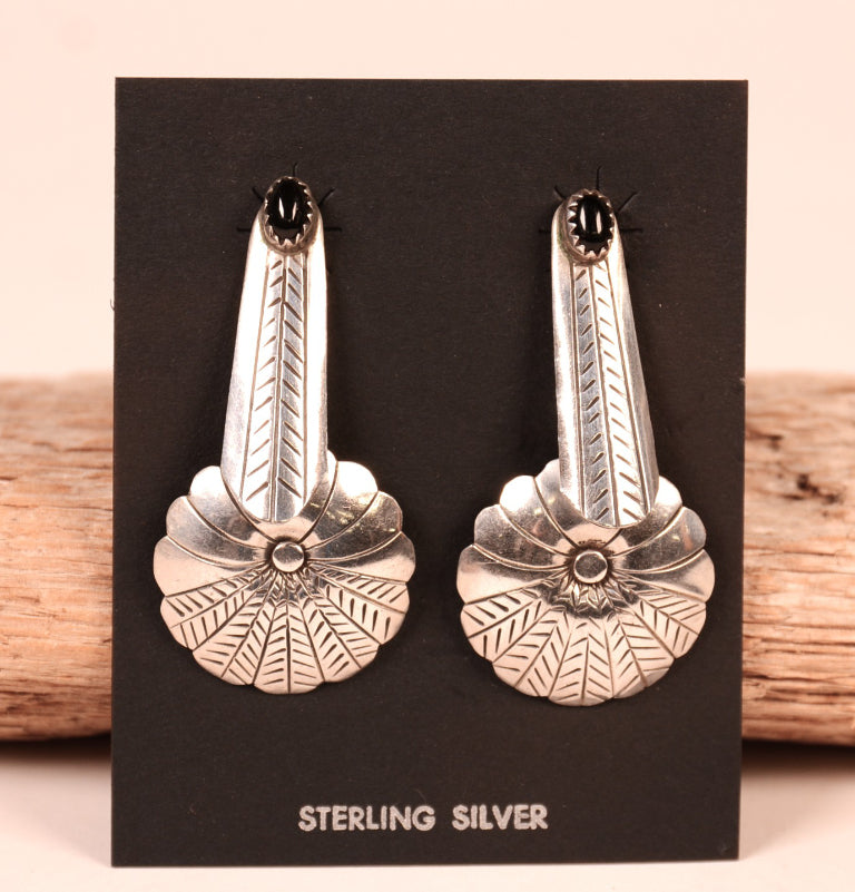 Navajo Sterling Silver Feathers and Shield with Jet Stone Post Earrings