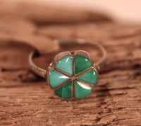 Zuni Pueblo Sterling Silver Turquoise Inlay Flower Design Ring