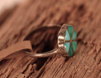 Zuni Pueblo Sterling Silver Turquoise Inlay Flower Design Ring