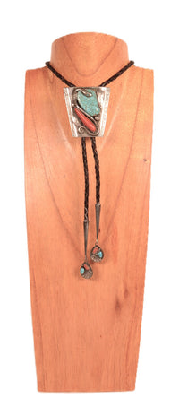 Zuni Pueblo Sterling Silver #8 Spider Web Turquoise with Coral Bolo By Dan Simplicio