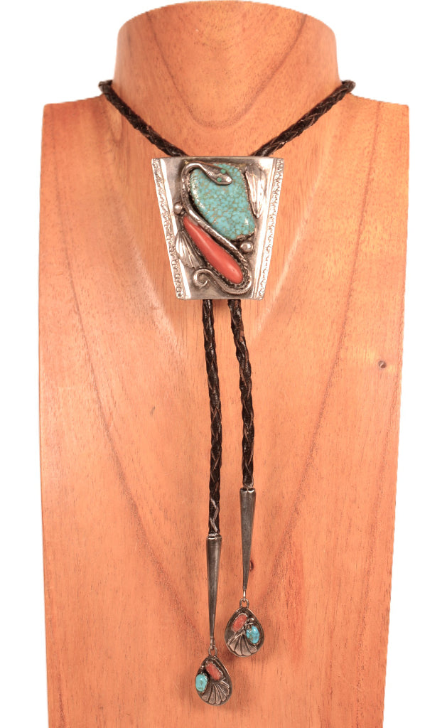 Zuni Pueblo Sterling Silver #8 Spider Web Turquoise with Coral Bolo By Dan Simplicio