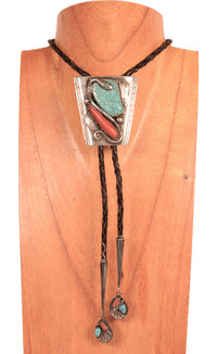 Zuni Pueblo Sterling Silver #8 Spider Web Turquoise with Coral Bolo By Dan Simplicio