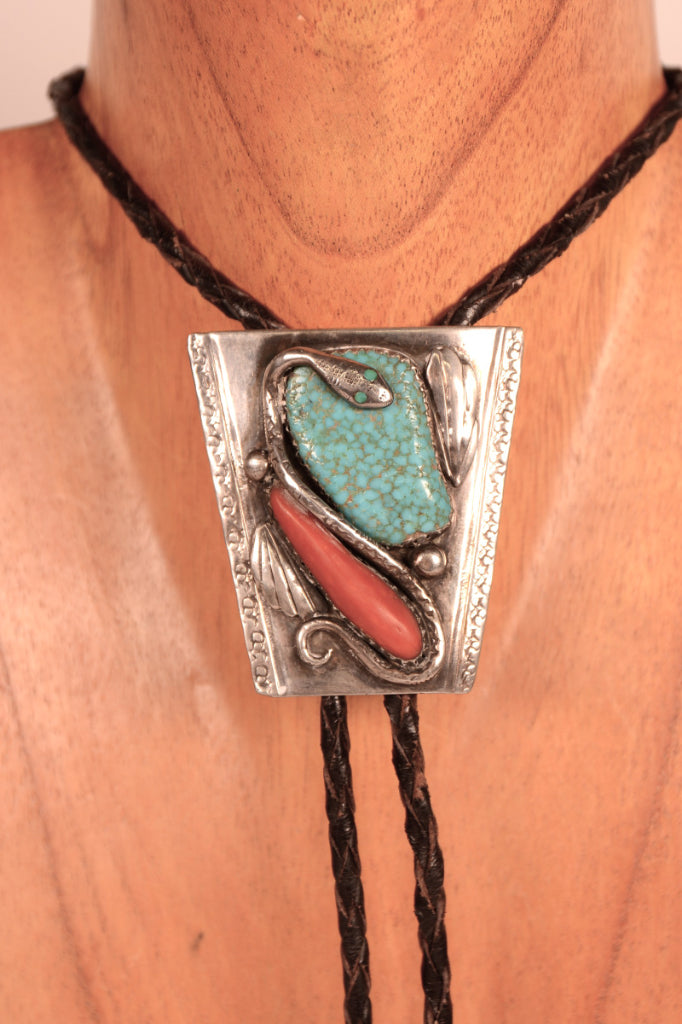 Zuni Pueblo Sterling Silver #8 Spider Web Turquoise with Coral Bolo By Dan Simplicio