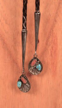Zuni Pueblo Sterling Silver #8 Spider Web Turquoise with Coral Bolo By Dan Simplicio