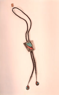 Zuni Pueblo Sterling Silver #8 Spider Web Turquoise with Coral Bolo By Dan Simplicio