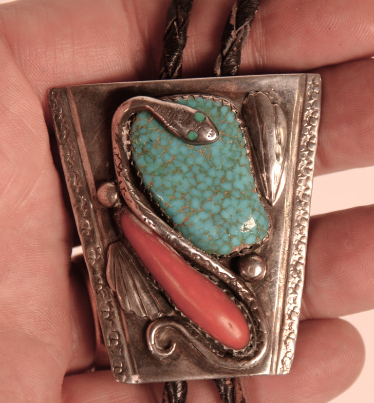 Zuni Pueblo Sterling Silver #8 Spider Web Turquoise with Coral Bolo By Dan Simplicio