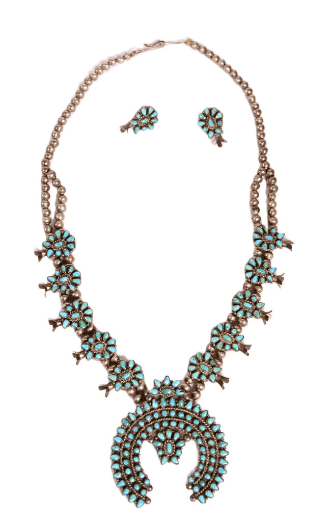 Zuni Pueblo Smaller Turquoise Cluster Squash Blossom Necklace and Earrings Set