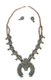 Zuni Pueblo Smaller Turquoise Cluster Squash Blossom Necklace and Earrings Set