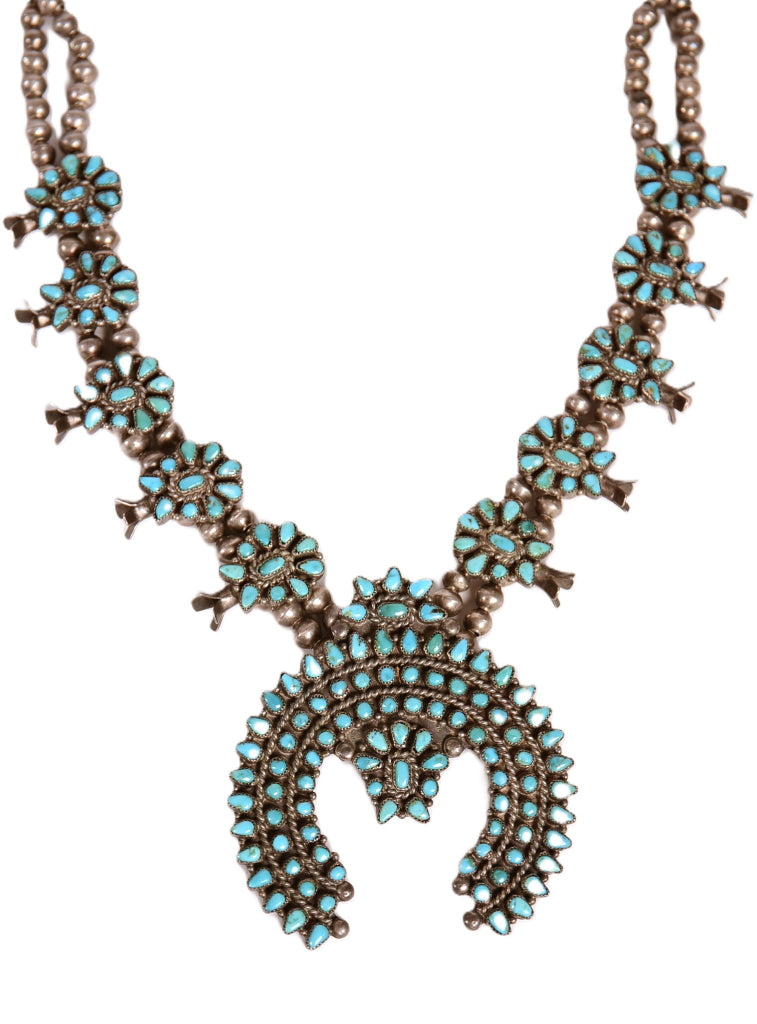 Zuni Pueblo Smaller Turquoise Cluster Squash Blossom Necklace and Earrings Set