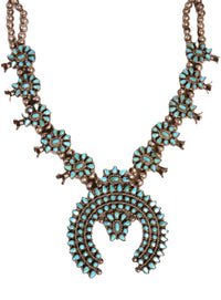 Zuni Pueblo Smaller Turquoise Cluster Squash Blossom Necklace and Earrings Set