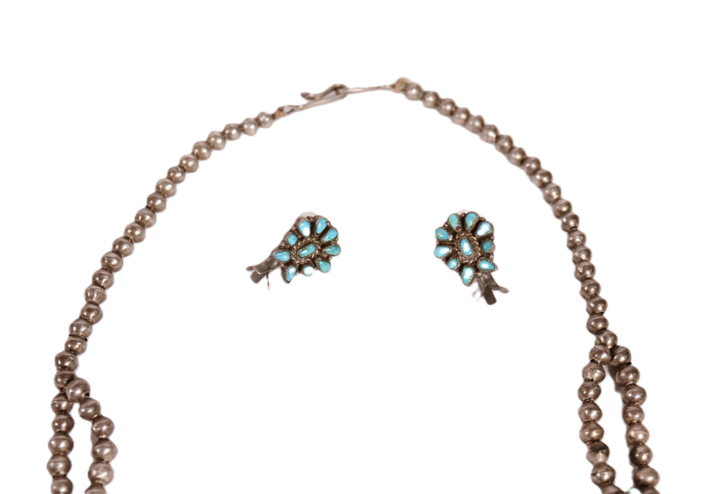 Zuni Pueblo Smaller Turquoise Cluster Squash Blossom Necklace and Earrings Set