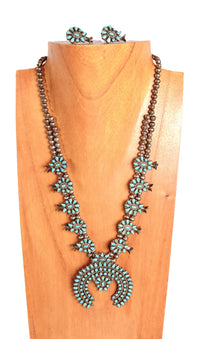 Zuni Pueblo Smaller Turquoise Cluster Squash Blossom Necklace and Earrings Set