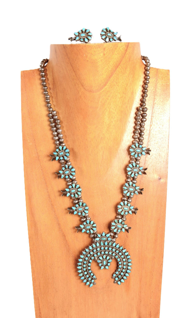 Zuni Pueblo Smaller Turquoise Cluster Squash Blossom Necklace and Earrings Set