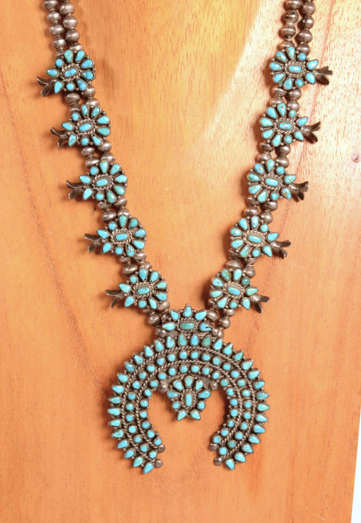 Zuni Pueblo Smaller Turquoise Cluster Squash Blossom Necklace and Earrings Set