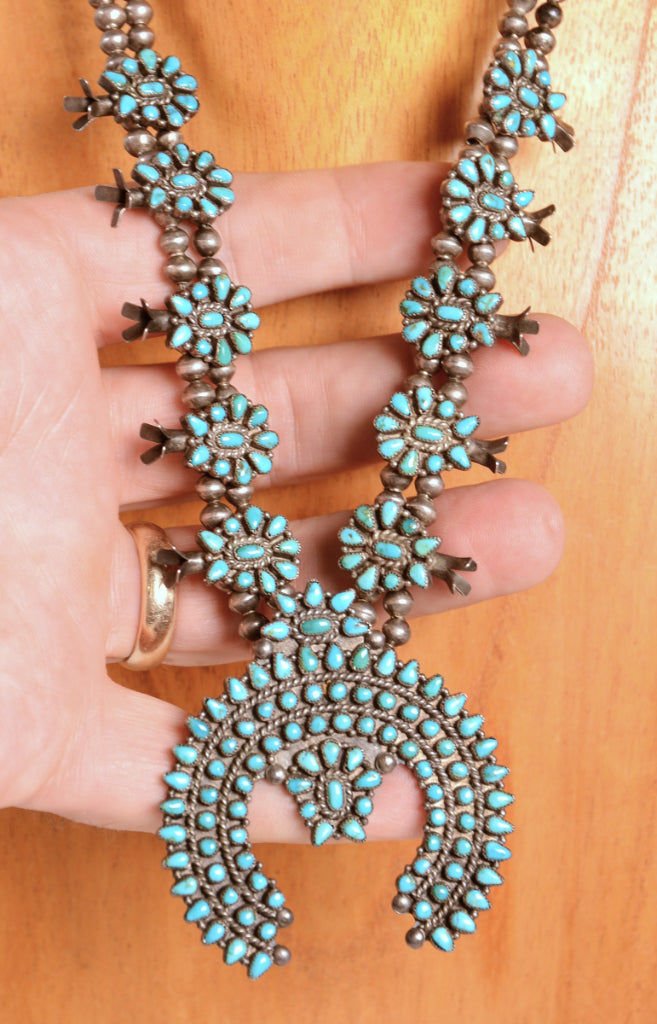 Zuni Pueblo Smaller Turquoise Cluster Squash Blossom Necklace and Earrings Set