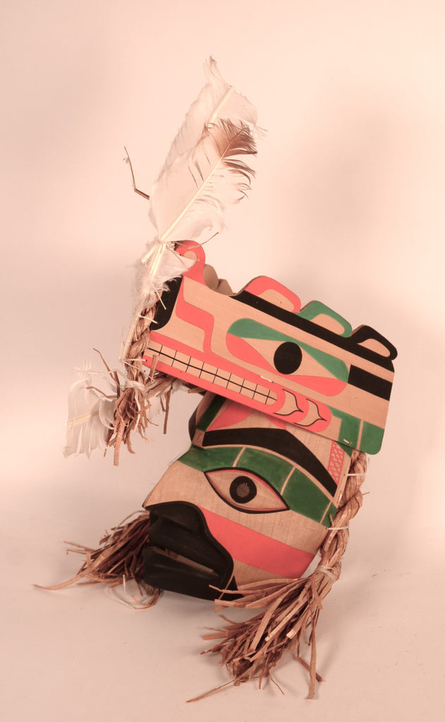 Northwest Coast Nootka Cedar Portrait Mask with Bear Headdress By Wilson "Buddy" George
