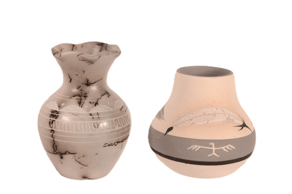 Navajo Grey Feather Pottery and Horsehair Vase By M. Bennett Set of 2